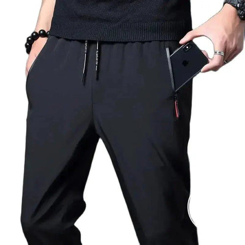 Men's casual slim fit jogger pants by MANDOTOS in blue, black, and gray with elastic waist, classic Korean style, plus size available.