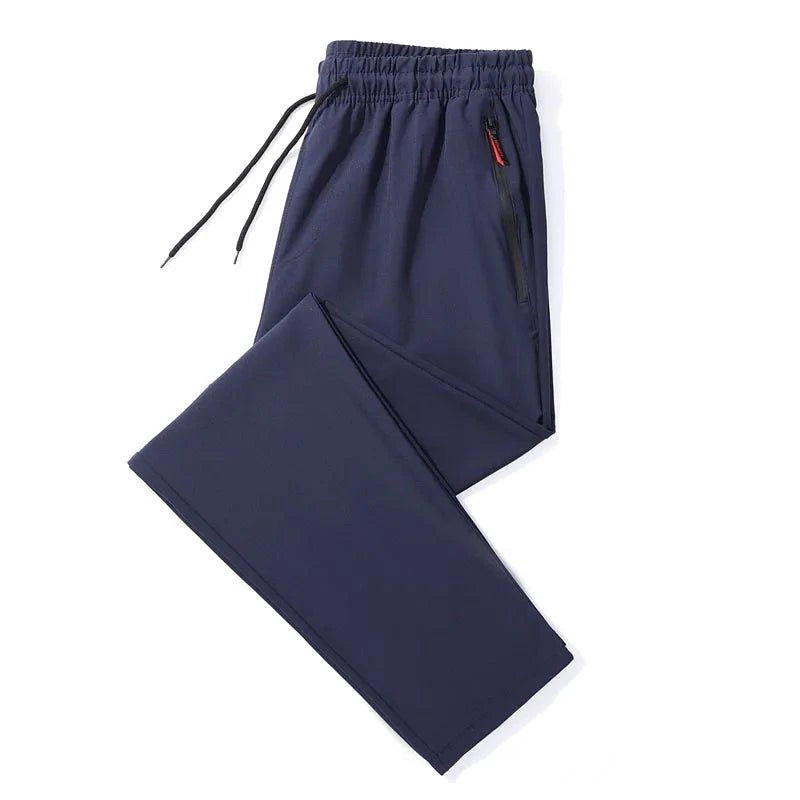 Mandotos men's casual pants with straight slim fit, elastic waist, in blue, black, and gray, plus size Korean-style trousers.