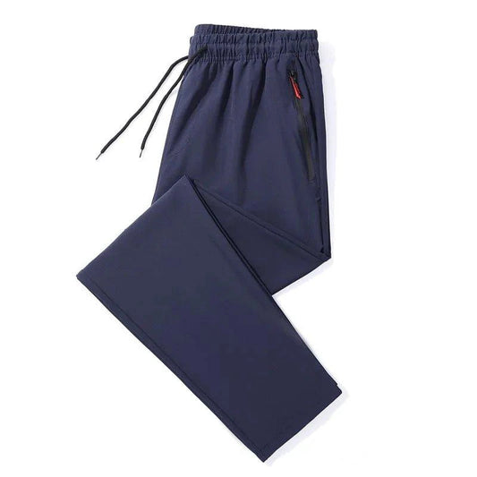 Mandotos men's casual pants with straight slim fit, elastic waist, in blue, black, and gray, plus size Korean-style trousers.