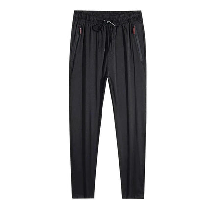 Men's casual straight slim fit jogger pants in blue, black, or gray with elastic waist from MANDOTOS, plus size available.