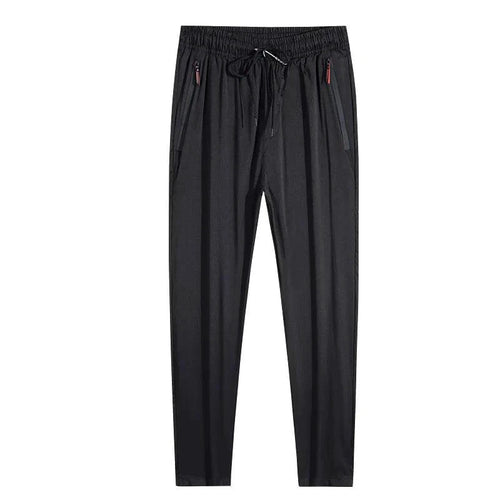 Men's casual straight slim fit jogger pants in blue, black, or gray with elastic waist from MANDOTOS, plus size available.
