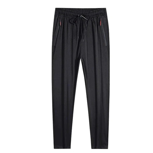 Men's casual straight slim fit jogger pants in blue, black, or gray with elastic waist from MANDOTOS, plus size available.