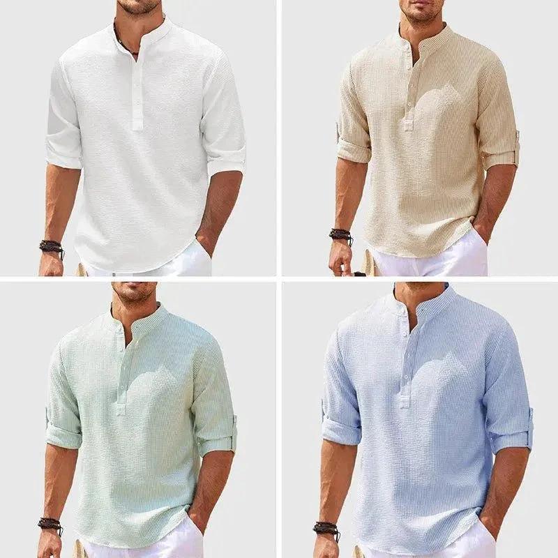 Men's casual long sleeve shirt with stand collar, solid color, from MANDOTOS, suitable for everyday men's fashion.