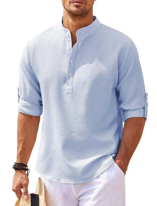 Men's casual long sleeve shirt by MANDOTOS with stand collar and solid color, suitable for everyday men's clothing style.