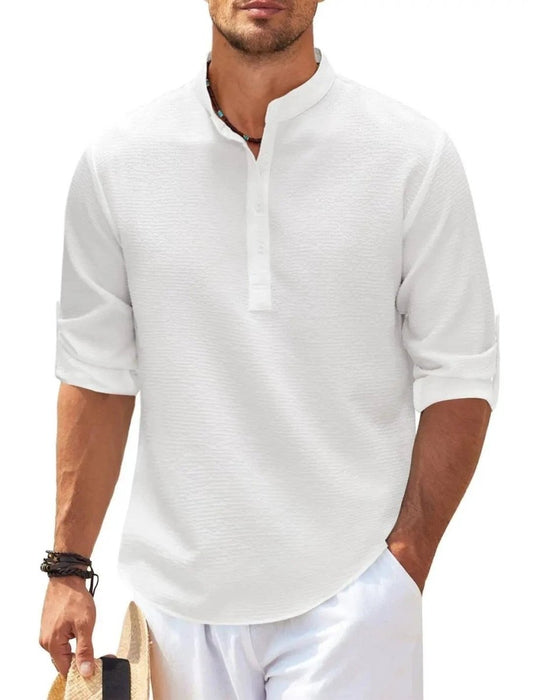 Men's casual long sleeve shirt with stand collar, solid color, from MANDOTOS men's clothing collection.