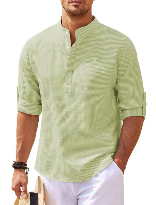 Men's casual long sleeve shirt with stand collar in solid color by MANDOTOS, featuring a comfortable fit and classic design.