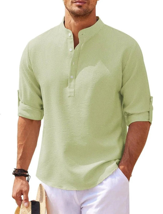 Men's casual long sleeve shirt with stand collar in solid color by MANDOTOS, featuring a comfortable fit and classic design.