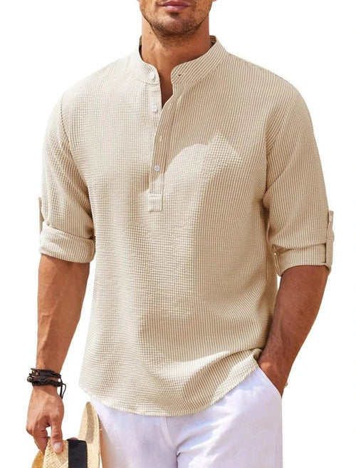 Men's casual long sleeve shirt with stand collar, solid color, by MANDOTOS, shown in a relaxed fit on a male model.