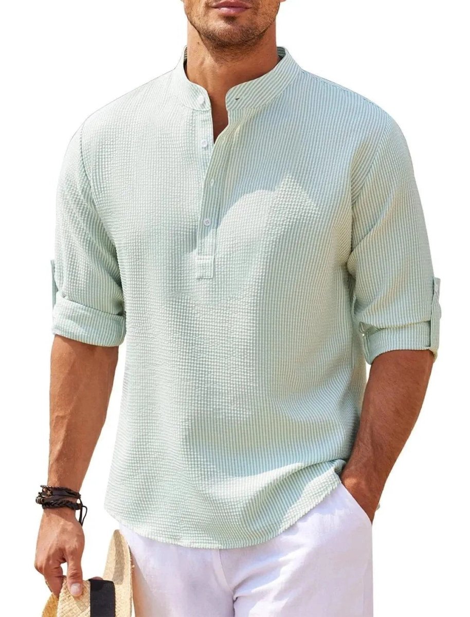 Men's casual long sleeve shirt with stand collar in solid color, by MANDOTOS, featuring a relaxed fit and classic design.