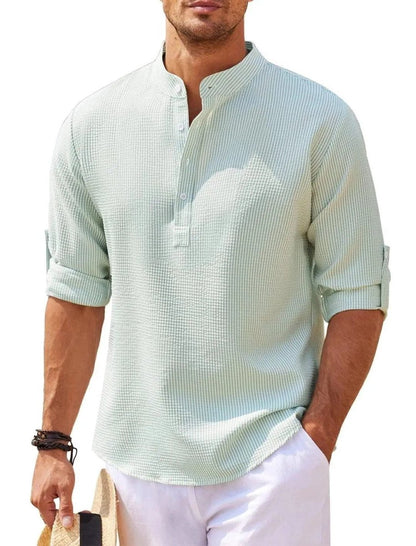 Men's casual long sleeve shirt with stand collar in solid color, by MANDOTOS, featuring a relaxed fit and classic design.