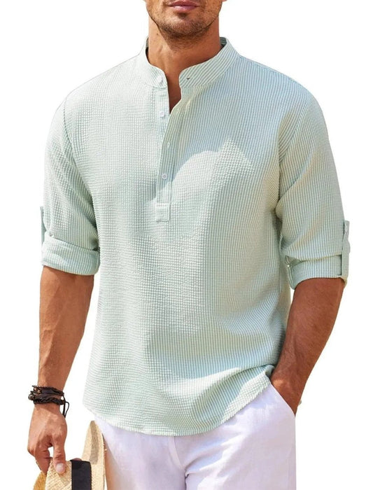 Men's casual long sleeve shirt with stand collar in solid color, by MANDOTOS, featuring a relaxed fit and classic design.