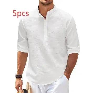 Men's casual long sleeve shirt by MANDOTOS with stand collar and solid color, suitable for everyday wear.