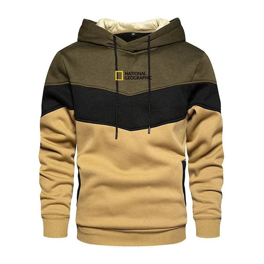 Men's casual sports panel hooded pullover sweatshirt by MANDOTOS, featuring a comfortable fit and stylish design.