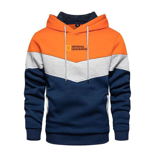 Men's casual sports panel hooded pullover sweatshirt by MANDOTOS with a relaxed fit and sporty design, shown in black.