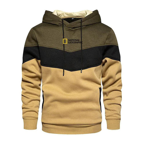 Mandotos men's casual sports panel hooded pullover sweatshirt with long sleeves and front kangaroo pocket.
