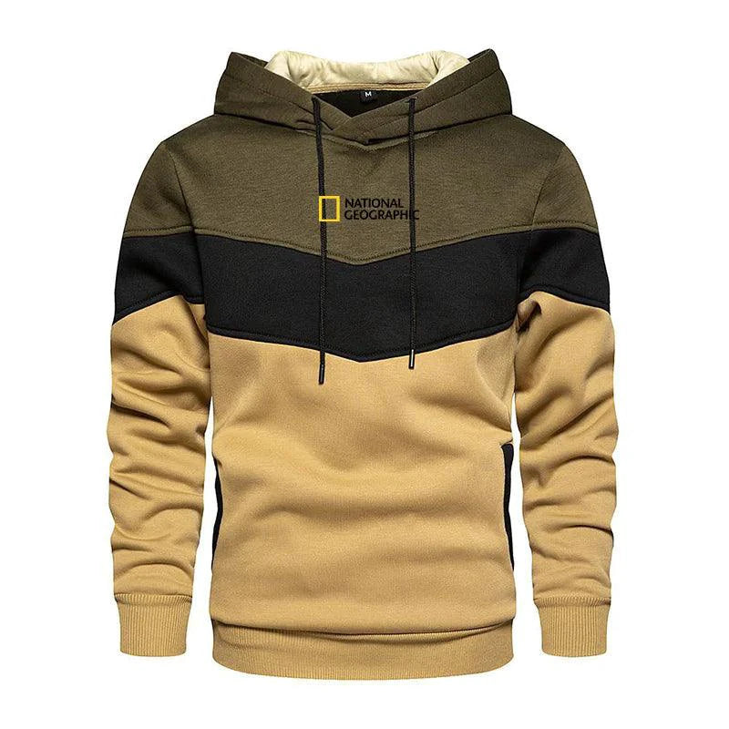 Mandotos men's casual sports panel hooded pullover sweatshirt with a comfortable fit and sporty design, shown in dark color.
