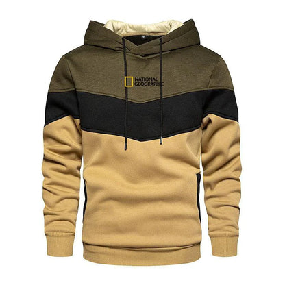 Mandotos men's casual sports panel hooded pullover sweatshirt with a comfortable fit and sporty design, shown in dark color.