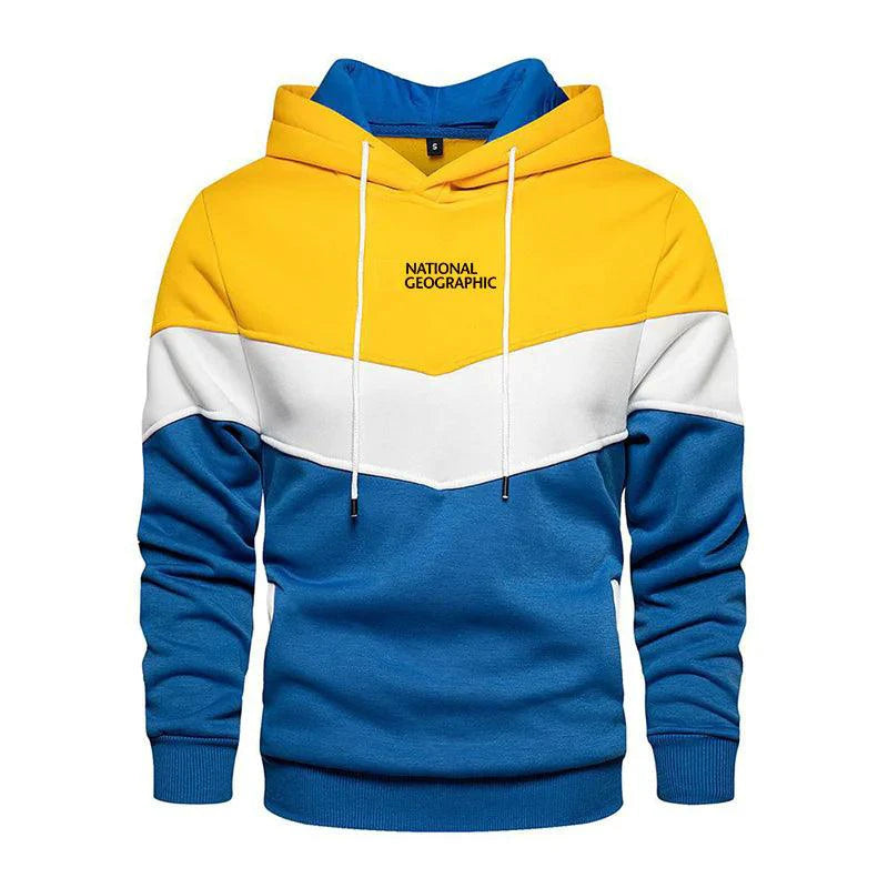 Men's casual sports panel hooded pullover sweatshirt by MANDOTOS featuring a sporty design and comfortable fit.