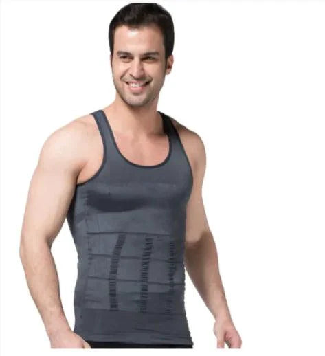 Men's Contour Shaper Vest by MANDOTOS, close-up of black compression vest with contouring design and adjustable straps.