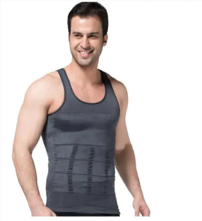 Mandotos men's contour shaper vest shown on a model, featuring snug fit and seamless design for enhanced body shaping and support.