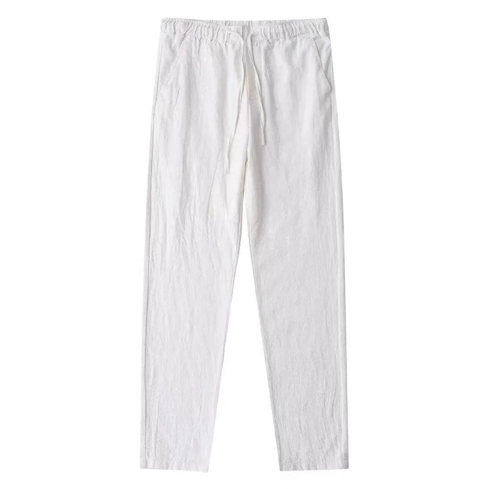 Men's cotton linen pants by MANDOTOS, lightweight and comfortable, shown in a natural fit with a neutral color.