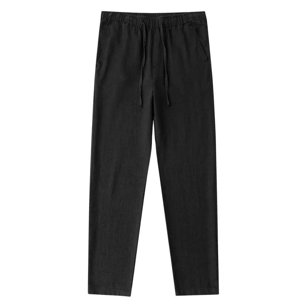 Men's cotton linen pants by MANDOTOS, lightweight and breathable, shown in a relaxed fit with neutral color fabric.