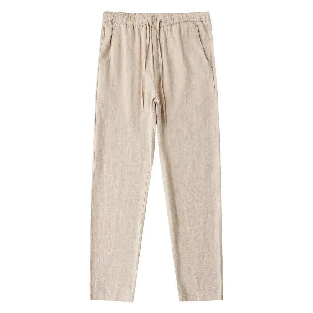 Men's cotton linen pants by MANDOTOS, lightweight and breathable, shown in a relaxed fit with a neutral color.