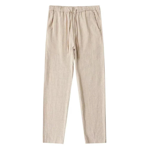 Men's cotton linen pants by MANDOTOS, lightweight and breathable, shown in a relaxed fit with a neutral color.