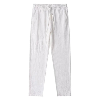 Men's cotton linen pants by MANDOTOS, relaxed fit, lightweight fabric, beige color, front pockets, casual style.