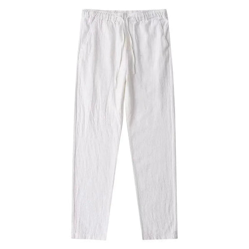 Men's cotton linen pants by MANDOTOS, relaxed fit, lightweight fabric, beige color, front pockets, casual style.