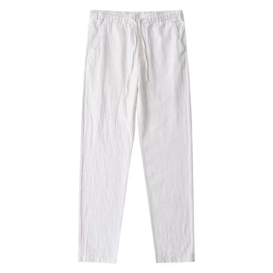 Men's cotton linen pants by MANDOTOS, relaxed fit, lightweight fabric, beige color, front pockets, casual style.