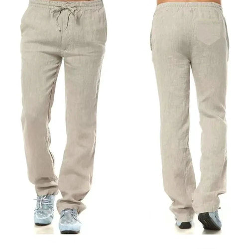 Men's cotton linen pants by MANDOTOS, featuring a relaxed fit and casual style in neutral fabric.