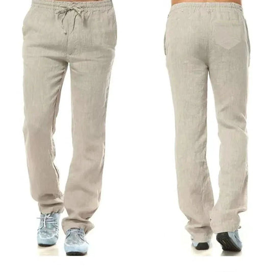 Men's cotton linen pants by MANDOTOS, featuring a relaxed fit and casual style in neutral fabric.
