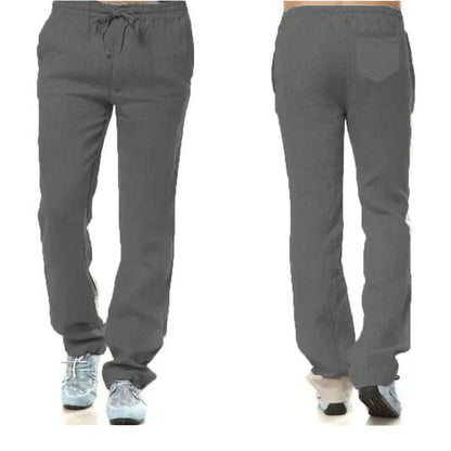 Men's cotton linen pants by MANDOTOS, lightweight and breathable, displayed in a natural relaxed fit style with neutral color fabric.