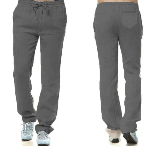 Men's cotton linen pants by MANDOTOS, lightweight and breathable, displayed in a natural relaxed fit style with neutral color fabric.