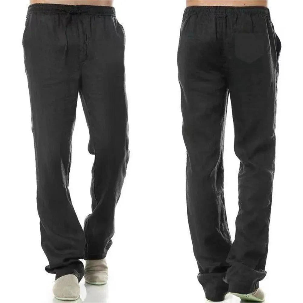 Men's cotton linen pants by MANDOTOS, showing a relaxed fit with adjustable waistband and light, breathable fabric.