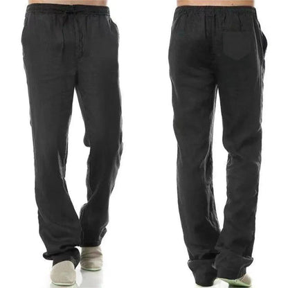 Men's cotton linen pants by MANDOTOS, showing a relaxed fit with adjustable waistband and light, breathable fabric.