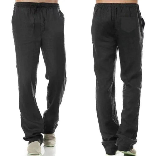 Men's cotton linen pants by MANDOTOS, showing a relaxed fit with adjustable waistband and light, breathable fabric.