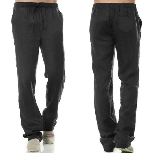 Men's cotton linen pants by MANDOTOS, showing a relaxed fit with adjustable waistband and light, breathable fabric.