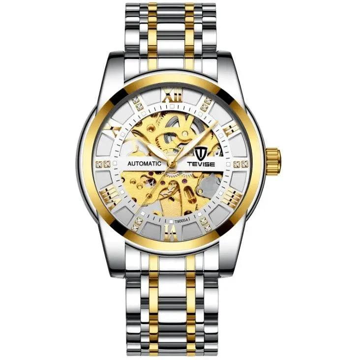 Mandotos men's fashion automatic mechanical hollow watch with waterproof design, featuring a sleek dial and stylish watch band.