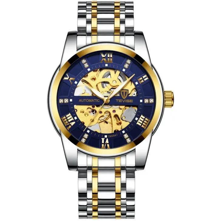 Mandotos men's fashion automatic mechanical watch with hollow design, waterproof feature, showcasing a stylish men's watch.