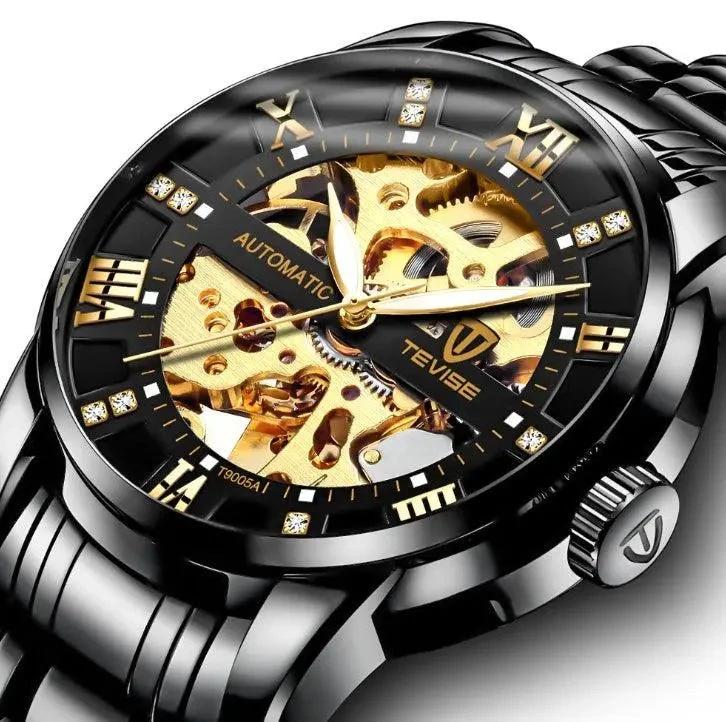 Mandotos men's fashion automatic mechanical watch with hollow dial and waterproof design, showcasing a sleek, stylish timepiece.