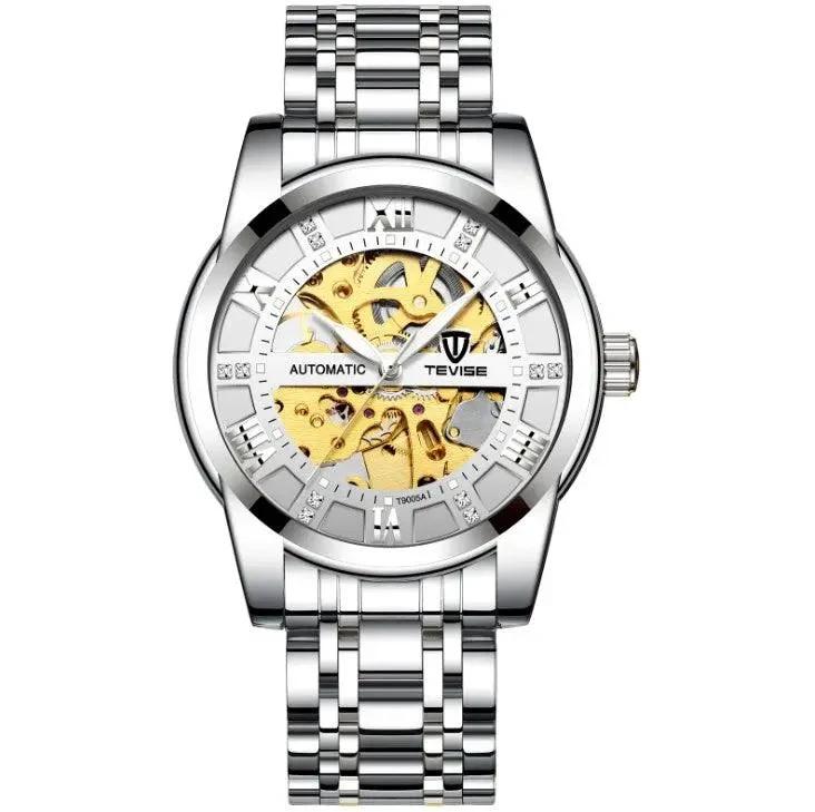 Mandotos men's fashion automatic mechanical waterproof watch with a hollow dial design and stainless steel band.