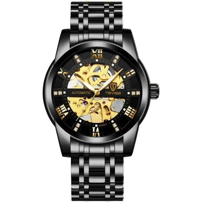Mandotos men's fashion automatic mechanical hollow waterproof watch showing a sleek dial and stainless steel band.