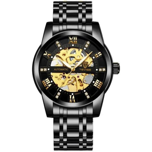 Mandotos men's fashion automatic mechanical hollow waterproof watch showing a sleek dial and stainless steel band.