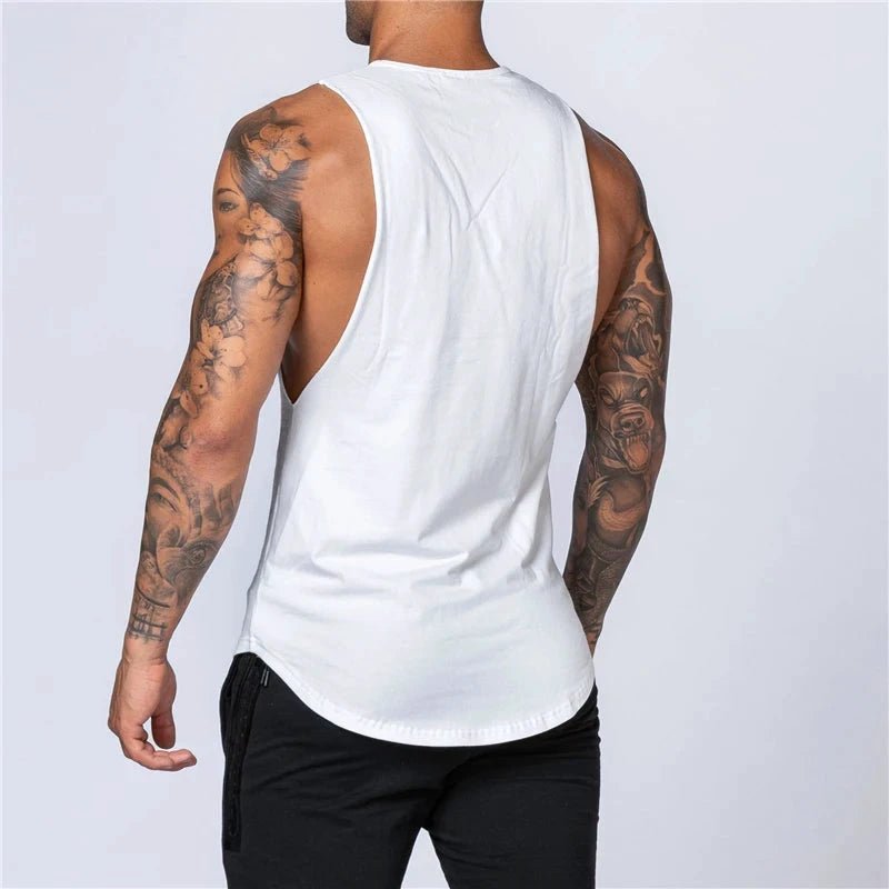 Mandotos men's sleeveless cotton gym tank top, breathable O-neck muscle vest for summer jogging and bodybuilding workouts.