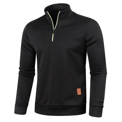 Men's half zipper turtleneck sweatshirt by MANDOTOS, cozy and stylish for fall, shown in a close-up of the black sweatshirt.