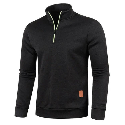 Men's half zipper turtleneck sweatshirt by MANDOTOS, cozy and stylish for fall, shown in a close-up of the black sweatshirt.