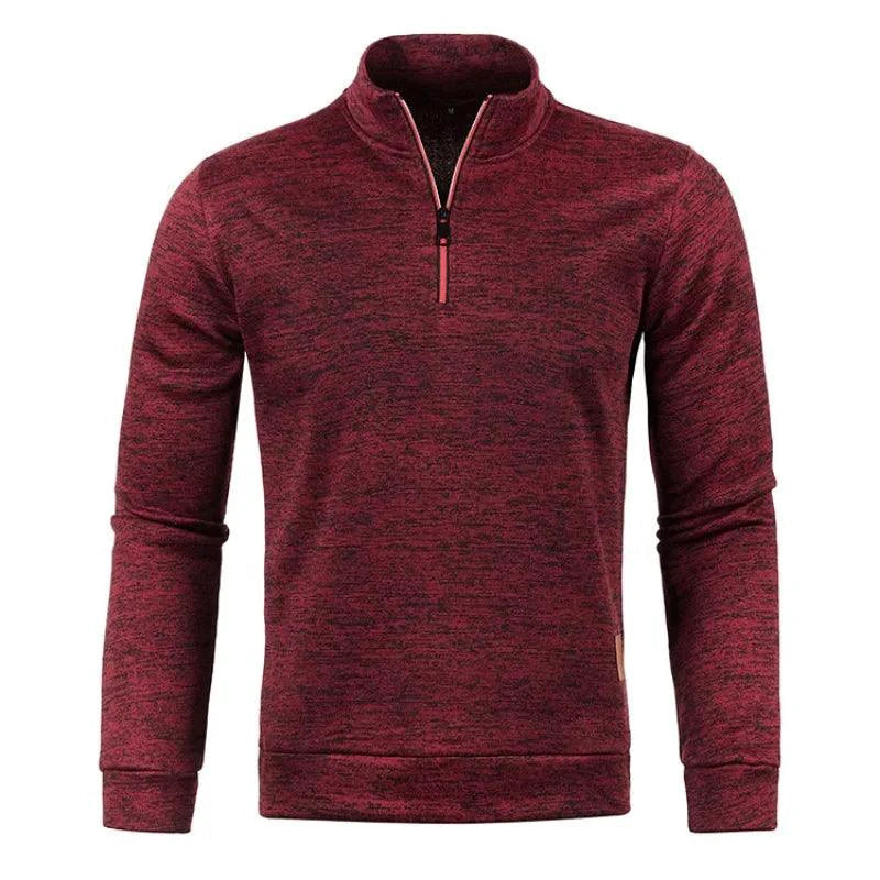 Men's half zipper turtleneck sweatshirt by MANDOTOS, cozy and stylish for fall, shown in a close-up of the black pullover.