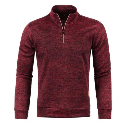 Men's half zipper turtleneck sweatshirt by MANDOTOS, cozy and stylish for fall, shown in a close-up of the black pullover.